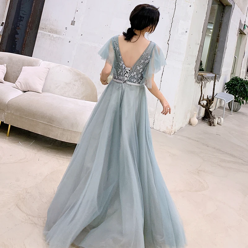 He's Bride New Fairy Prom Dress Sexy V-neck Short Sleeves Appliques Lace Up Floor-length Formal Grown Robe De Soiree | Свадьбы и