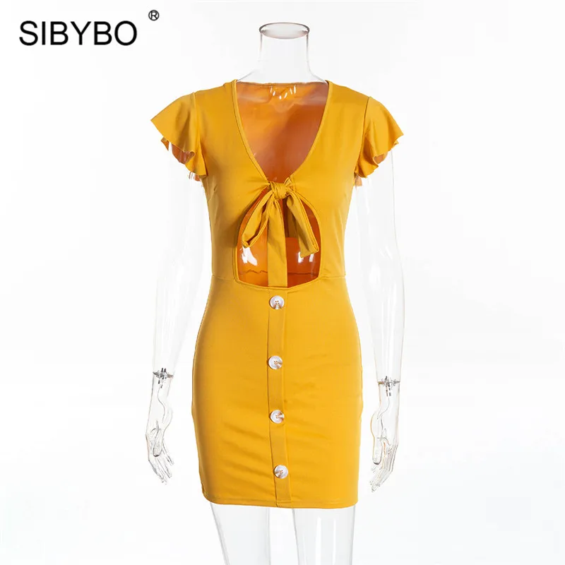 Женское платье с бантом и оборками Sibybo, повседневное мини-платье на пуговицах с V-образным вырезом, рукавом-бабочкой и разрезами для пляжа на лето