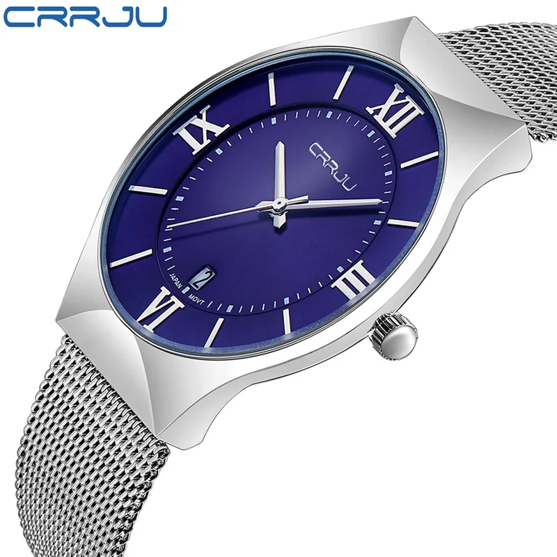 

Men Watches Top Brand Luxury CRRJU Quartz Stainless Steel Minimalist Ultra thin Wrist Watch Men Watch Calendar Waterproof Clock