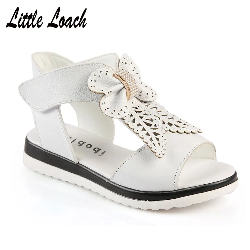 Princess Genuine Leather Sandals Size 26-37 Pink White Flats Beach Shoes Bowknot Flower High Quality Fashion Sandalias | Детская одежда