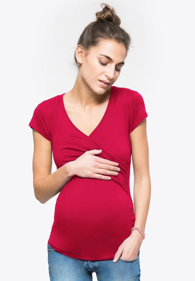 

2019 Women Maternity Solid Sexy V-Neck Short Sleeve Tops Pregnant Nursing Soft Multifunctionl Blouse T-Shirt Pregnant Tees