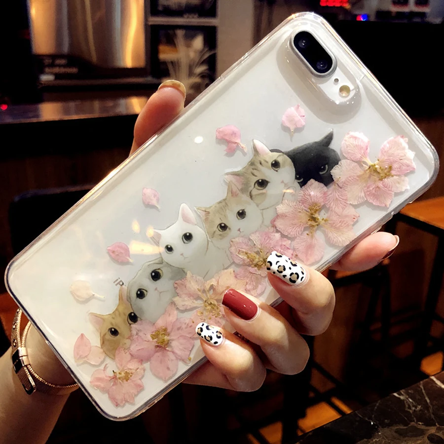 DIY Dried Real Flower Cat Clear Cover Phone Case For iPhone 8 6 6S Plus 7 Coque XR XS MAX X Etui Luxury Original |