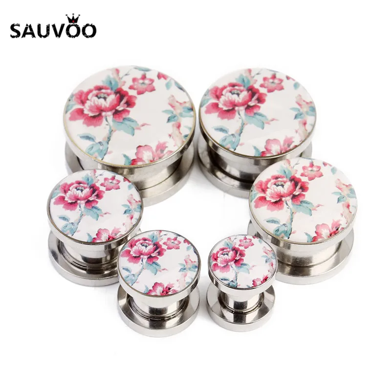 Туннель для пирсинга Sauvoo 2 шт./лот из нержавеющей стали с рисунком розового цветка