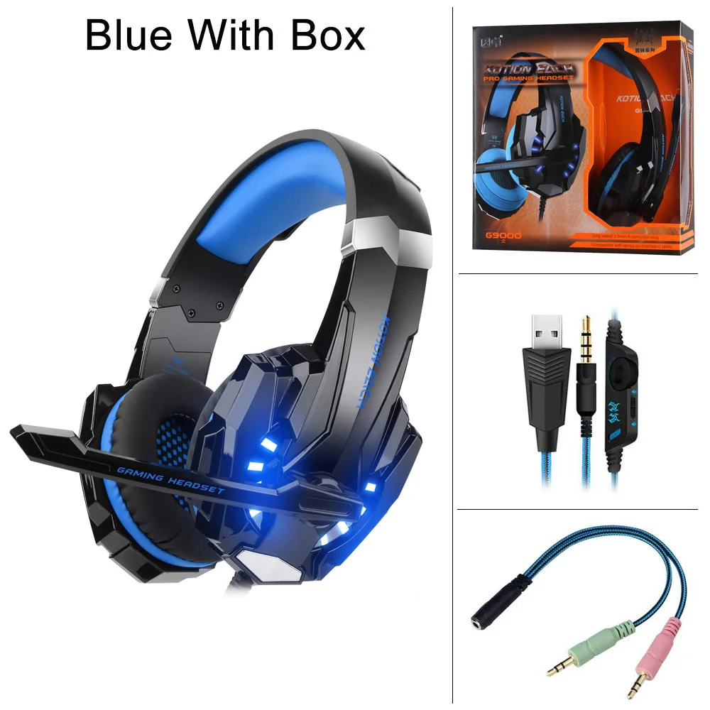 Blue With Box KOTION каждый G9000 Игровые наушники для компьютера светящаяся гарнитура стерео Бас проводные наушники с микрофоном для ПК ноутбука PS4 - Цвет: Blue With Box