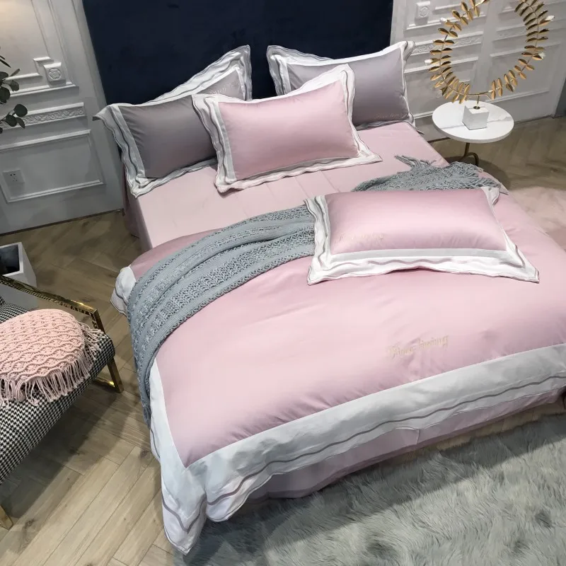 Серое, розовое, красное постельное белье, набор постельного белья queen King size, набор постельного белья из хлопка с вышивкой, набор постельного белья с пододеяльником