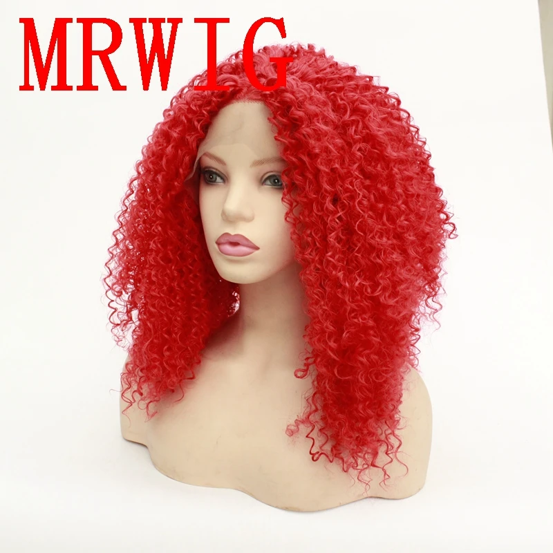 MRWIG 18in Red Hair Color Middle Part Kinky Curly Synthetic Lace Wig Heat Resistant Fiber African Americans | Шиньоны и парики