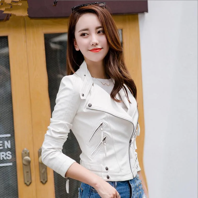 Новинка 2017 стильные модные белые кожаные куртки женские мотоциклетные женская