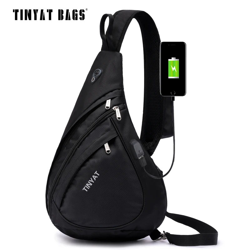 TINYAT, новинка, мужская сумка на плечо, противоугонная сумка через плечо для 9,7 дюймов, USB зарядка, водонепроницаемая, дорожная сумка-мессенджер, повседневная нагрудная сумка - Цвет: L-BlackUSB