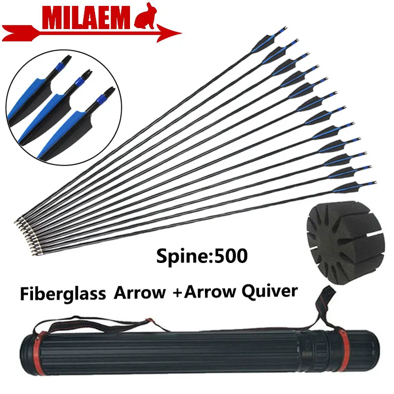 

12pcs Archery Fiberglass Arrows With Arrow Quiver Spine 500 Glass Fiber Arrow Replace Browhead Rubber Vane Hunting Accessories