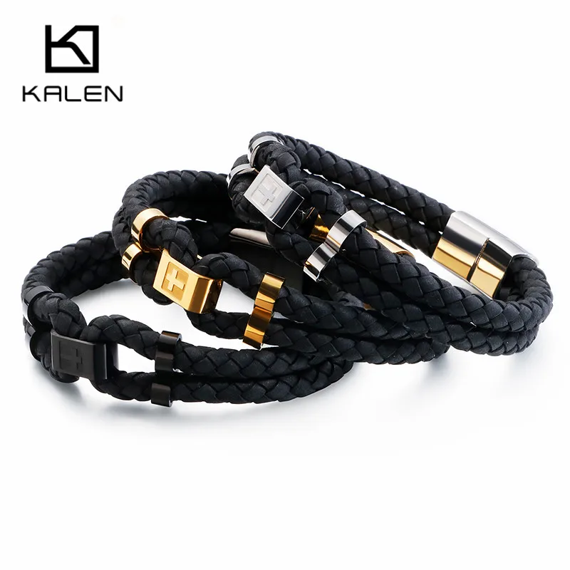 KALEN Stainless Steel Bulgaria GoldBlack Cross Charm Bracelets Men 21cm Double Layer BlackRed Leather Jewelry | Украшения и