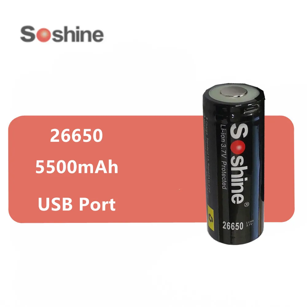 1 шт. оригинальный бренд soshine 26650 аккумулятор 5500 мАч с usb портом для зарядки