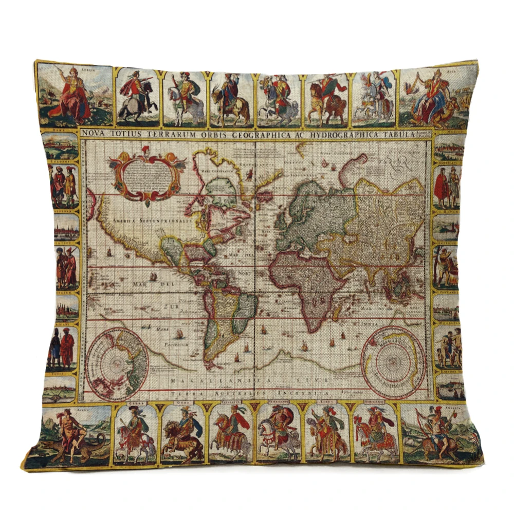 Чехол для подушки, ретро карта мира, лен/хлопок карта ретро вятской губернии состояние на 1892г в картонном тубусе с подвесом