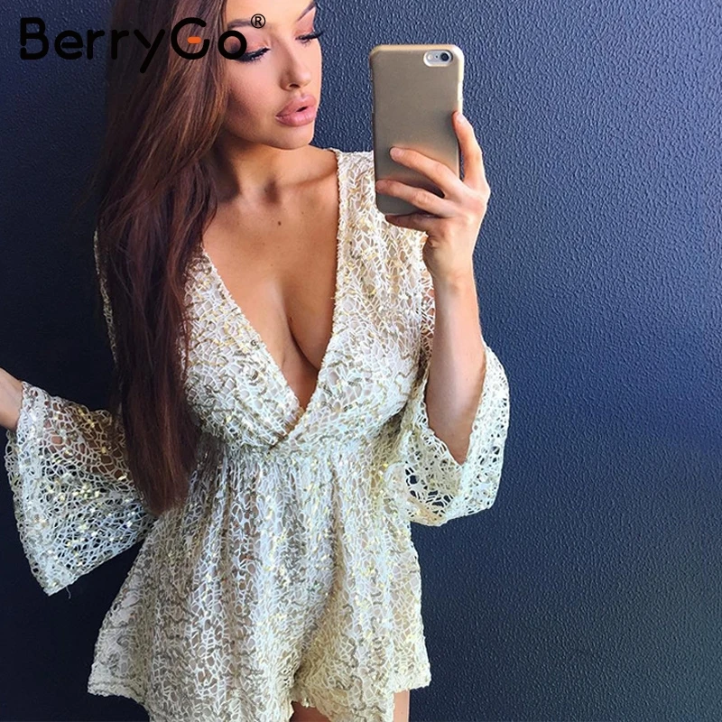 BerryGo сексуальный кружевной комбинезон с золотыми блестками для женщин открытые