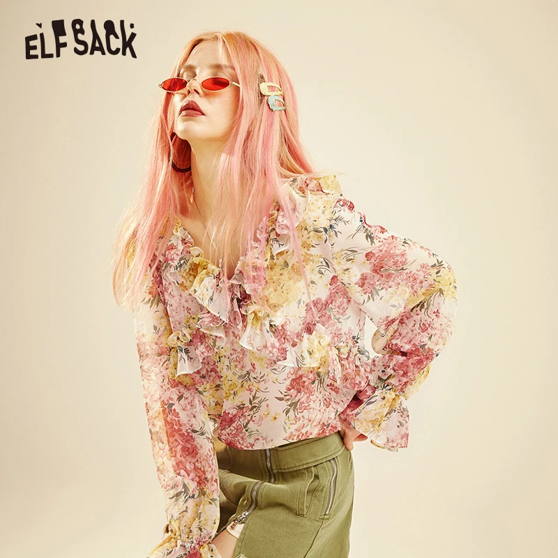 Женская шифоновая блузка ELFSACK белая с цветочным принтом v образным вырезом и