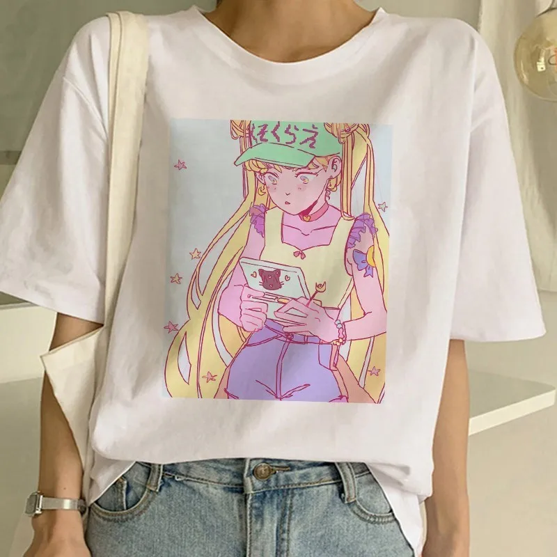 Сейлор Мун летняя новая модная футболка Женская Harajuku с коротким рукавом забавная футболка Ulzzang Милая футболка с котом Мультяшные футболки женские