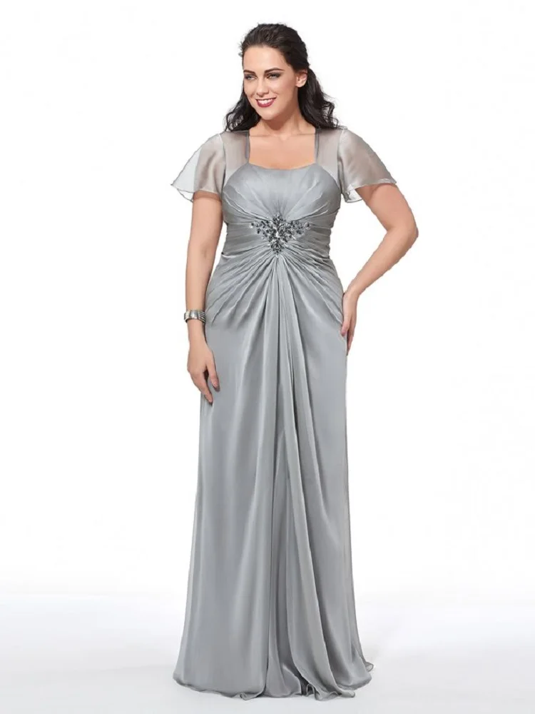 Плиссированное вечернее платье с короткими рукавами и бисером большие