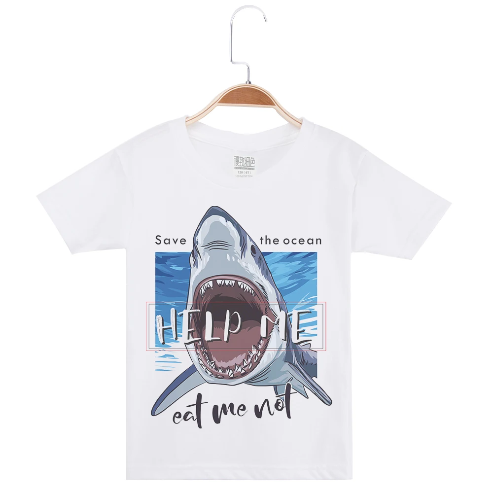 

Hot Sale Boy Short Sleeve Basic White Tshirt Cotton O-Neck Funny T-Shirt Shark Printed Boys T Shirts Children Clothing Kids Tees