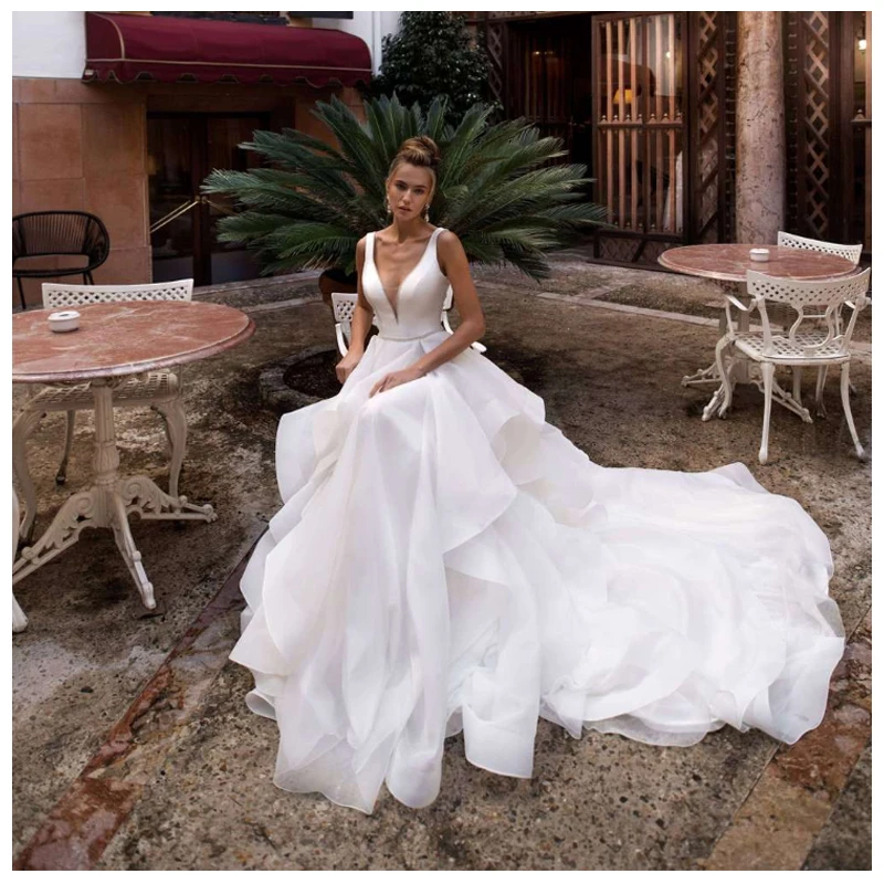 

Smileven V Neck Wedding Dress 2019 Deep V Neck Sexy Bride Dresses With Long Train White Wedding Bridal Gowns