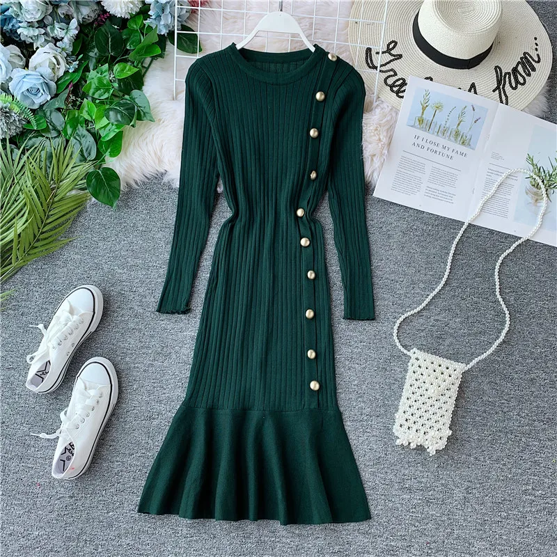 Женское винтажное трикотажное платье Русалка элегантное однотонное