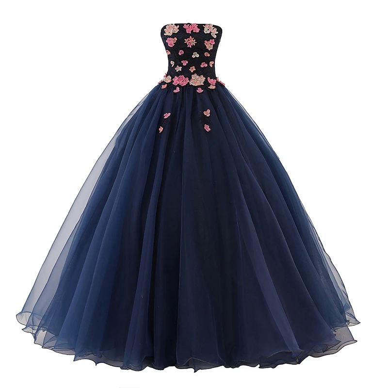 Темно синие длинные кружевные бальные платья Quinceanera 2019 с цветами без бретелек