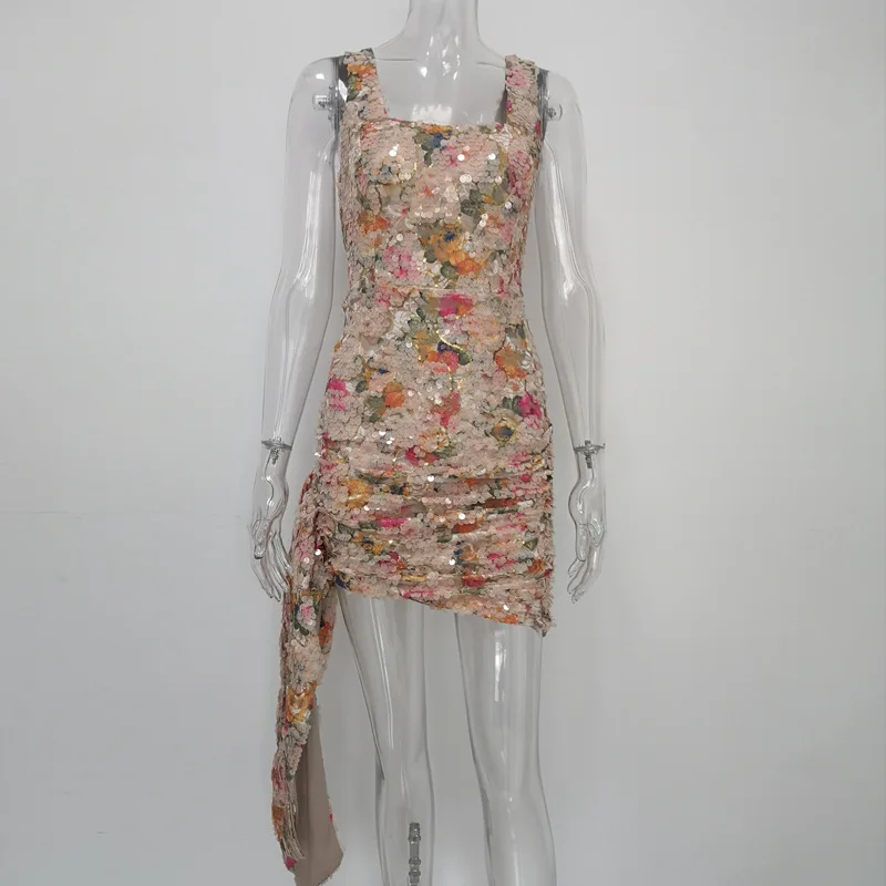 Женское пляжное платье с цветочным принтом расшитое блестками для клубной