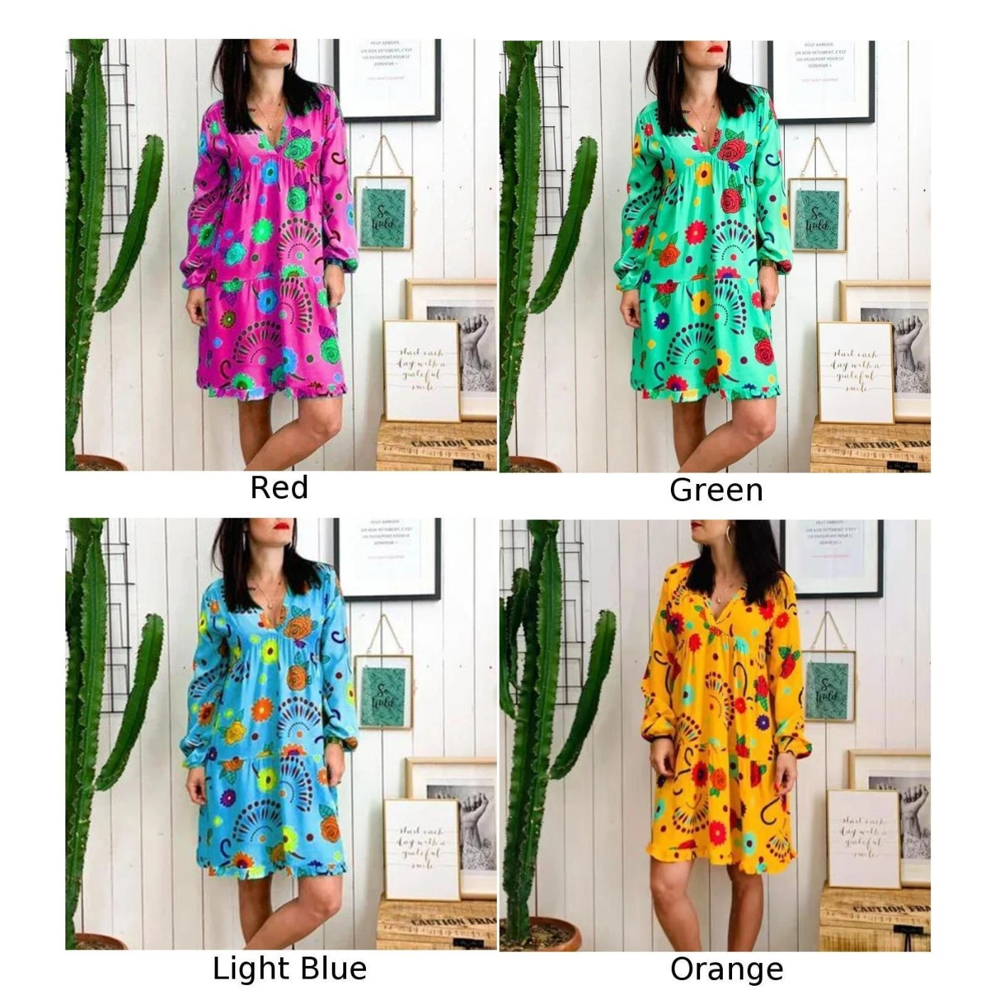 Длинные рукава свободные модные платья Цветочные пляжные вечерние повседневные