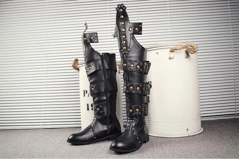 Knee High Boots Shoes Men Buckle Strap Rivets Punk Top Casual Martin Roman Flats Cut-Outs In elevator shoes | Обувь
