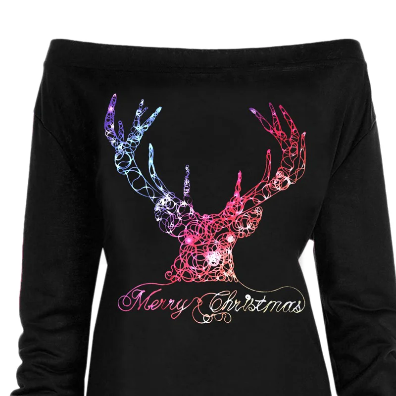 Новинка 2018 футболка топ с принтом оленя длинный рукав вырез лодочкой модная для