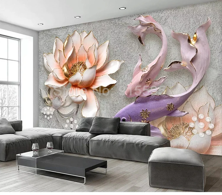 Пользовательские самоклеющиеся фотообои Lotus Fish 3D спальня гостиная диван ТВ фон украшение дома настенная живопись