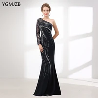 new arrival mermaid evening dress 2018 long sleeve one shoulder heavy beaded crystal black evening gown plus size prom dress