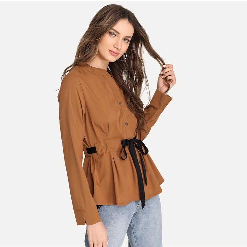 Dotfashion Camel, Женская однотонная блузка с завязками на талии, топы и блузки с длинным рукавом, v-образный вырез,, осенняя одежда, рубашка с планкой
