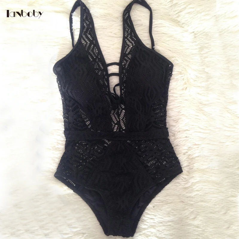 Lace Crochet 1 Pieces Monokini Swimsuit V-neck Plus Size Bathing Suits Women High Waist Trikinis Black One Swimsuits | Спорт и