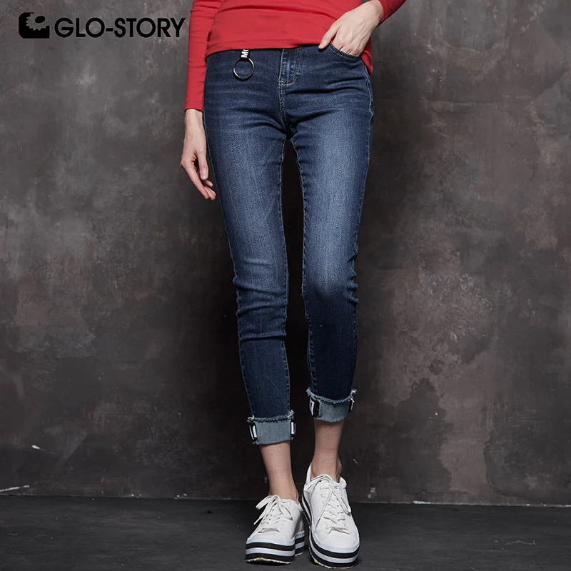 Женские джинсы карандаш GLO STORY эластичные средней длины со талией на резинке 2018 WNK
