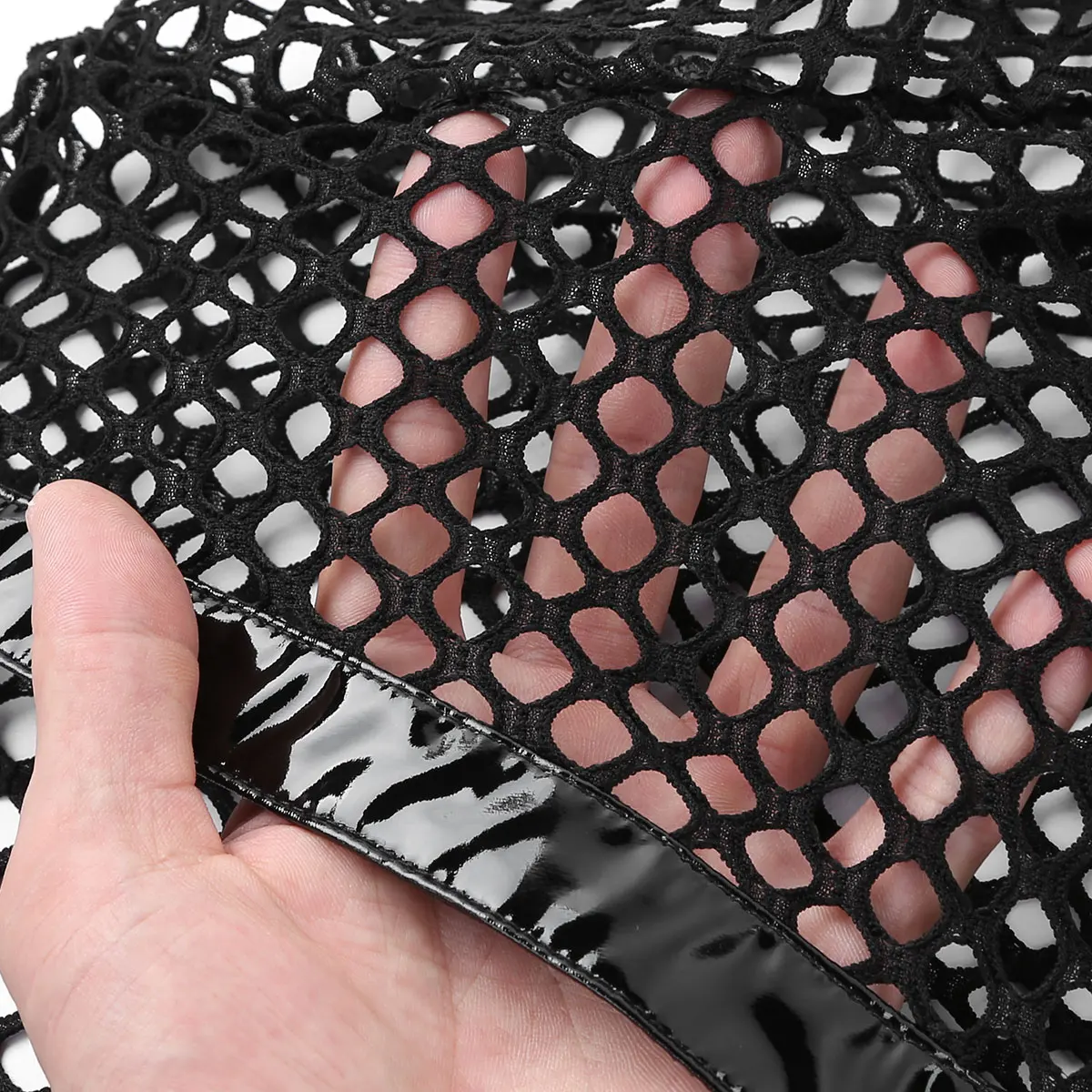 

Fetish Women Sexy See Through Sheer Fishnet Bodysuit Club Wear Faux Leather Exotic Catsuit Deep V Neck High Cut Teddy Nightwear