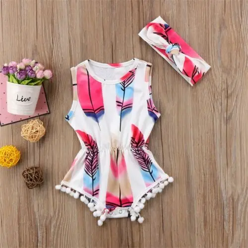 Одежда для новорожденных девочек комбинезон с кисточками изображением перьев