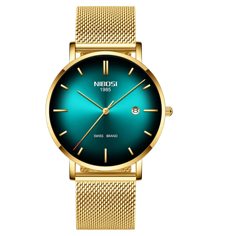 Gold green gold m NIBOSI Топ люксовый бренд часы мужские унисекс часы женские водонепроницаемые простой стиль сетка нержавеющая сталь Relogio Masculino - Цвет: Gold green gold m