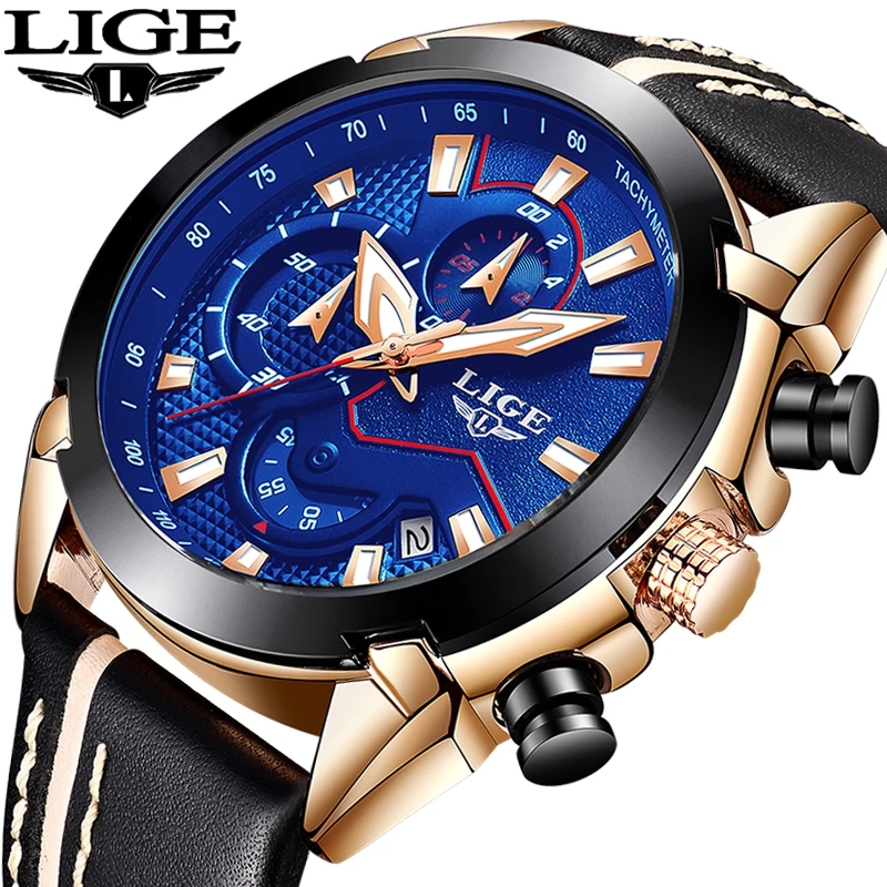 Relogio Masculino New LIGE спортивный хронограф мужские часы лучший бренд роскошные кожаные Водонепроницаемый Дата кварцевые часы человек часы