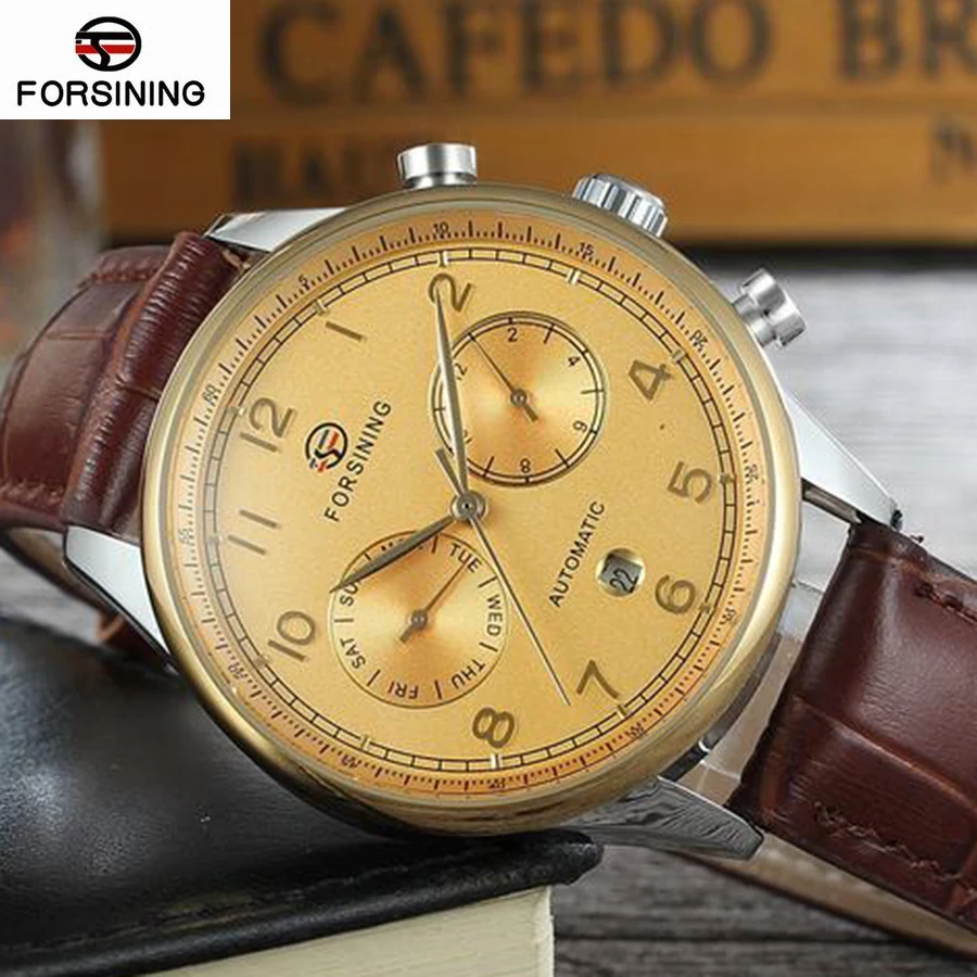 Часы мужские автоматические из натуральной кожи с календарем и римскими цифрами