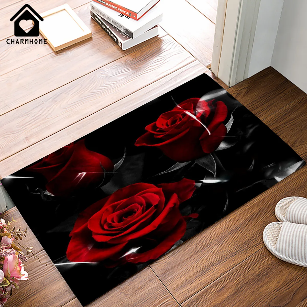 Декоративный цветочный дверной коврик Glam Fire Red Rose и Black Leaves на заказ для дома