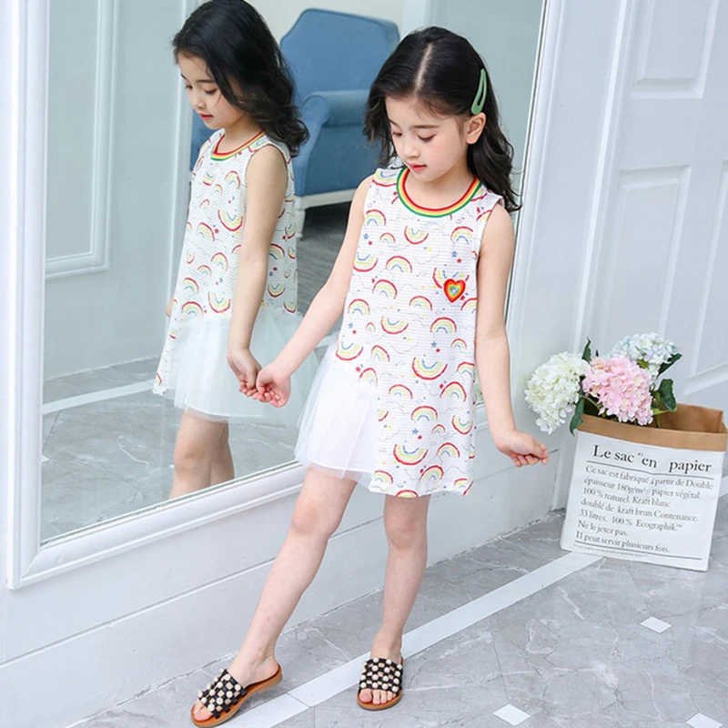 Rainbow Girl Dresses Patchwork Mesh White Kid A-line Sleeveless Princess Fairy Dressing for Girls Children's Clothing | Детская