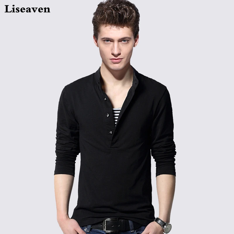 

Liseaven Basic T-Shirts Men Slim Fit Cotton T Shirt Stand Collar Solid Black Color Male Tee Shirt Men's Clothing