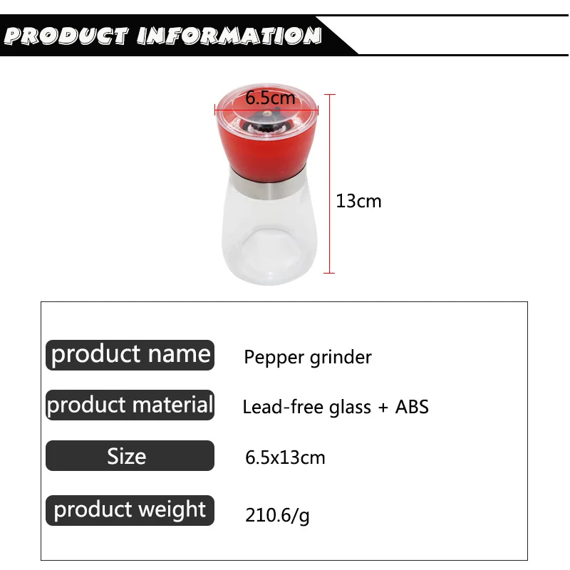 Мельница для перца пластиковая стеклянная мельница соли травы специй ручная
