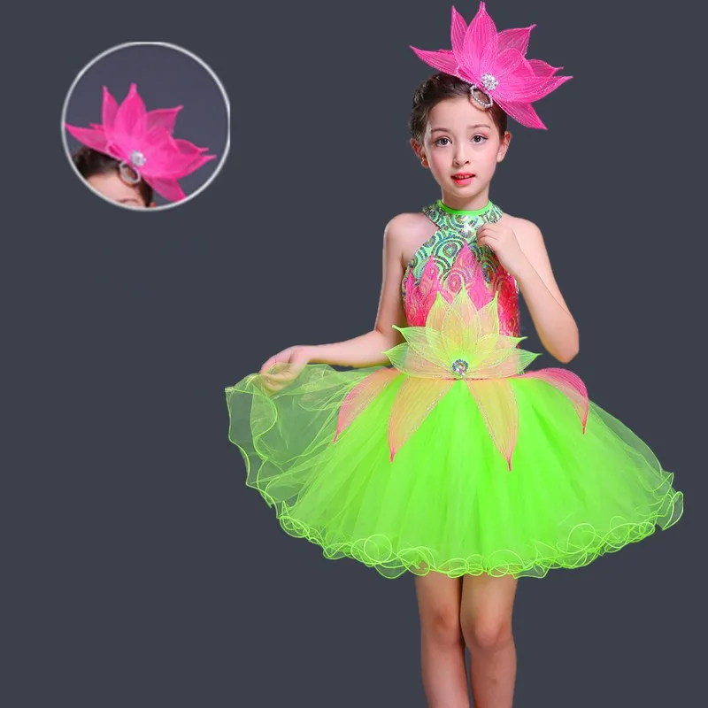 Children's Lotus flower performance stage Show Costume dance dress New Girl Sequines Children's Chorus Costume for girl JQ-344 