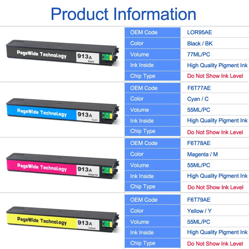 Ocinkjet для HP 913 913A Восстановленный чернильный картридж PageWide Pro 352dw 377dw 452dn 477dn 552dw 577dw