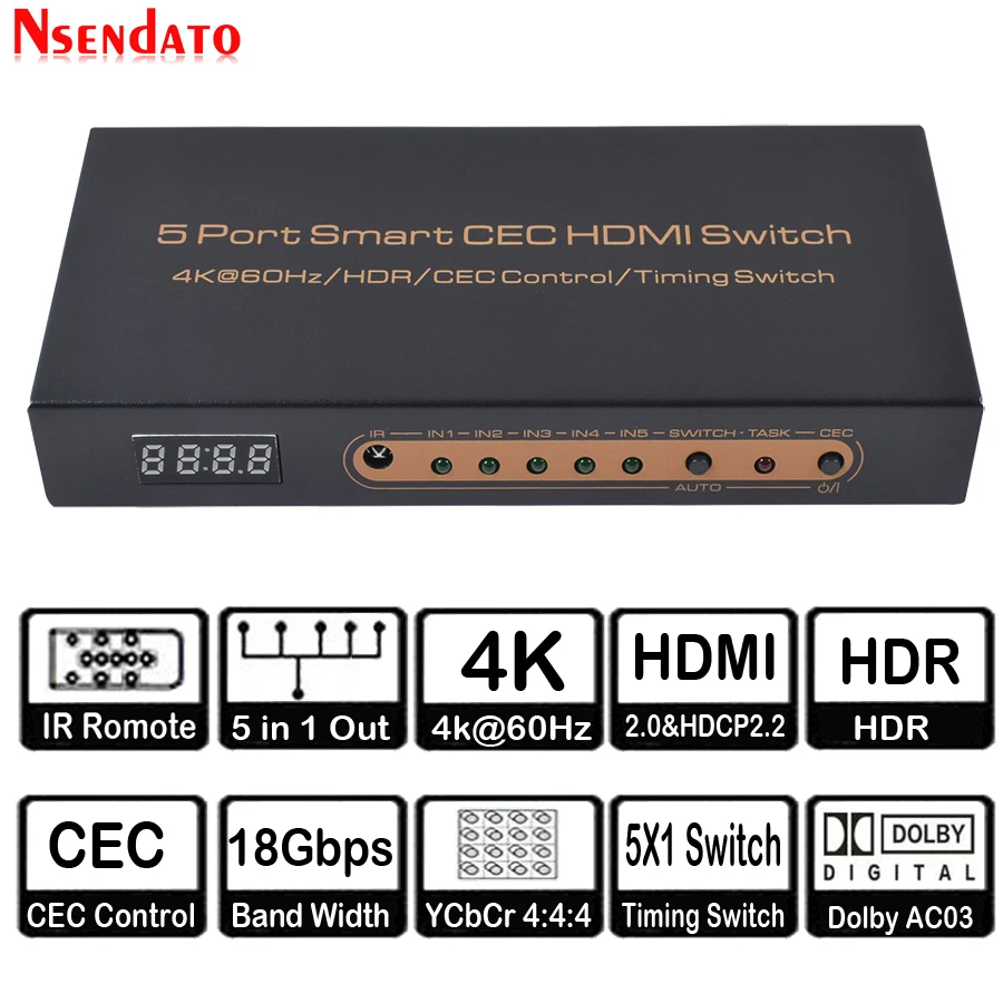 5 портов Smart CEC HDMI переключатель синхронизации 4 к 60 Гц 18 Гбит/с 5x1 HDR HDMI адаптер коммутатор с IR Romote Dolby DTS HD LPCM для HDTV PS4