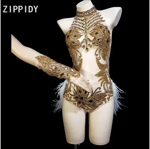 2019 Sexy Fashion Gold Rhinestones Halter See Through Mesh Bodysuit Feather Tail Celebrate Nightclub Singer Dance Outfit