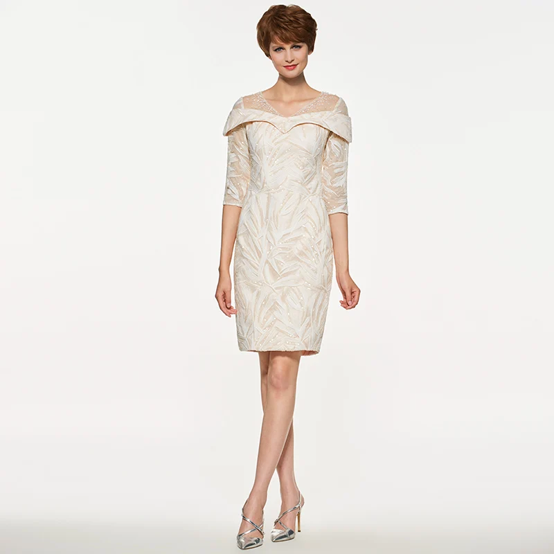 Платье До Колена с v образным вырезом платье для матери невесты рукавами 3/4