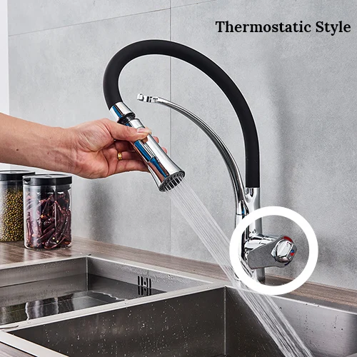 Thermostatic Термостатический хромированный кухонный кран для раковины, поворотный выдвижной кухонный кран, кран для раковины, монтируемый на бортике, смеситель для горячей и холодной воды - Цвет: Thermostatic