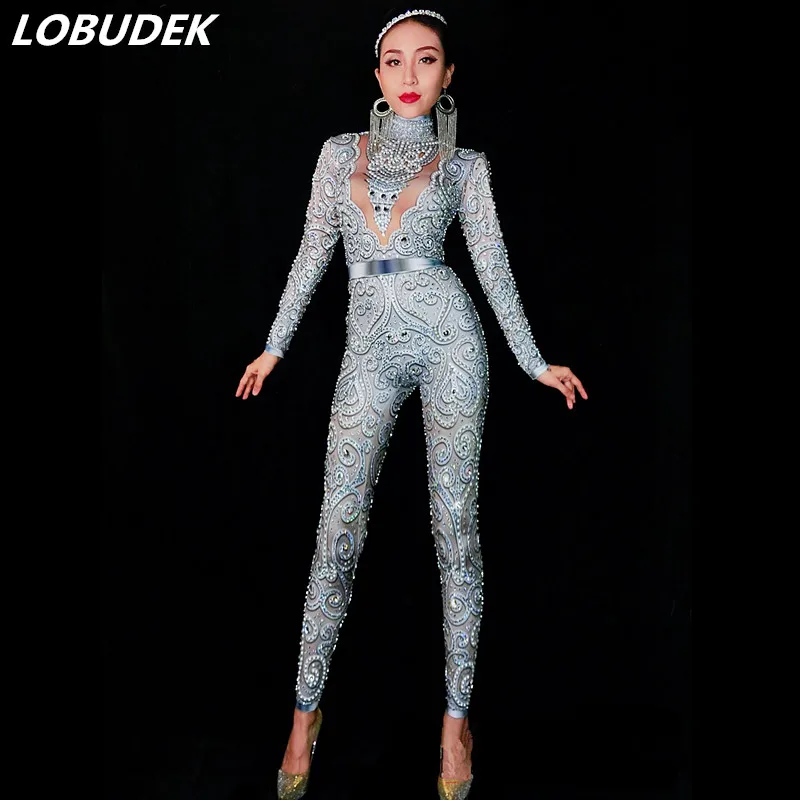 Silvery gray Rhinestones Pearls Jumpsuit Sexy Stretch Bling Crystals Bodysuit Bar Female Singer Stage Performance Party Costume