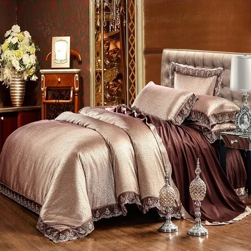 Роскошный сатиновый жаккардовый Комплект постельного белья queen/king size, Комплект постельного белья золотого и серебряного цвета, 4 шт., хлопковый Шелковый кружевной пододеяльник, Комплект постельного белья - Цвет: 19